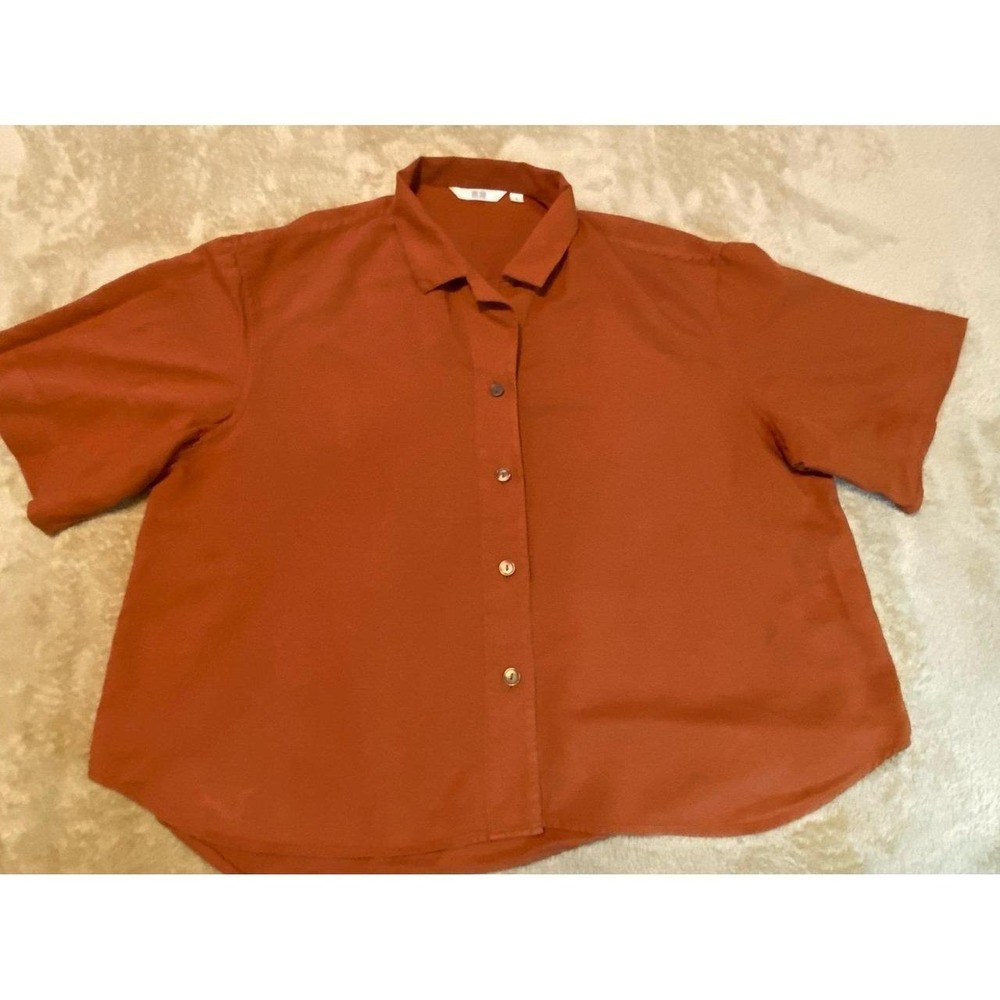 Uniqlo Shirt Linen Women Square Button-up Office Chic Rust Med s54